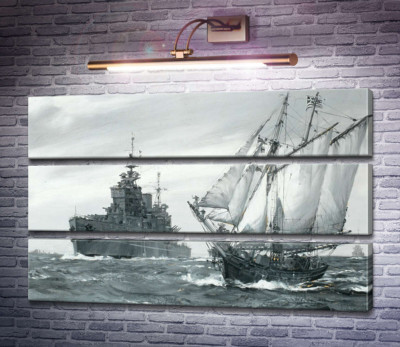 Линкор H.M.S. Король Георг V ремонтирует греческую торговую шхуну в море