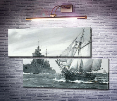 Линкор H.M.S. Король Георг V ремонтирует греческую торговую шхуну в море