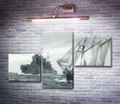 Линкор H.M.S. Король Георг V ремонтирует греческую торговую шхуну в море