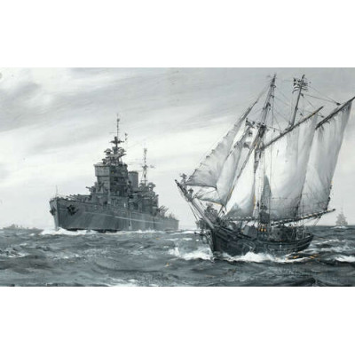 Лінкор HMS. Король Георг V ремонтує грецьку торгову шхуну у морі