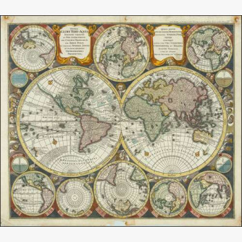 Двухполушарная карта мира с проекциями, Маттеус Зюттер, 1730 г