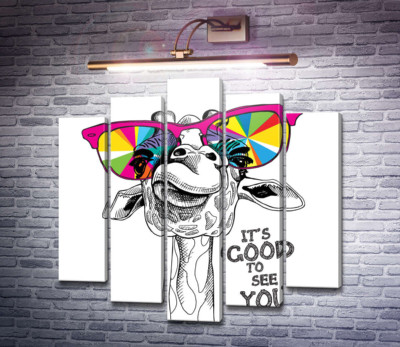 Веселкові окуляри на носі жирафи з фразою "it's good to see you"