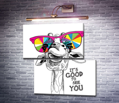 Радужные очки на носу жирафа с фразой "it's good to see you"