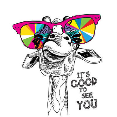 Радужные очки на носу жирафа с фразой "it's good to see you"