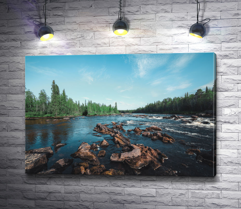Картина "Ландшафт с порогами на реке. Карелия, Россия"