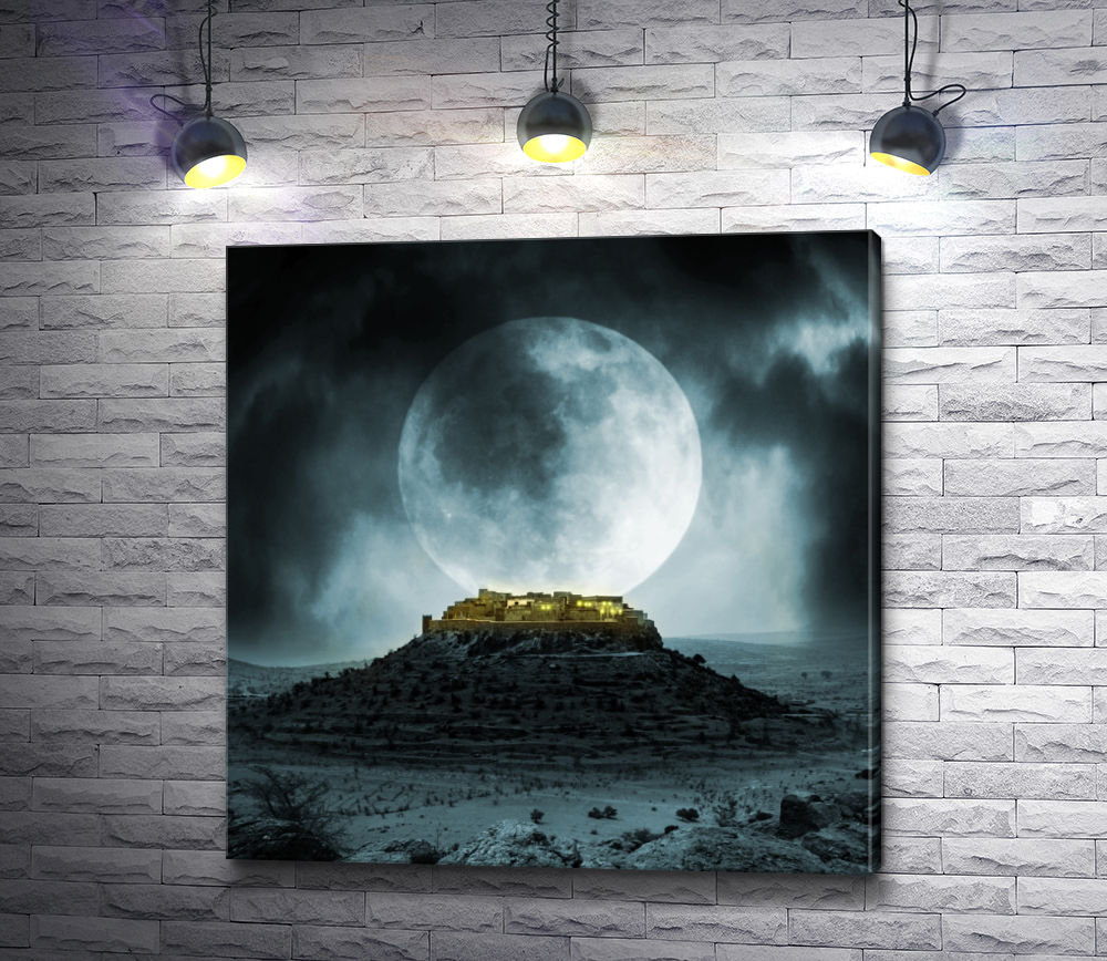 Картина "Темный замок на развалинах и огромная луна"