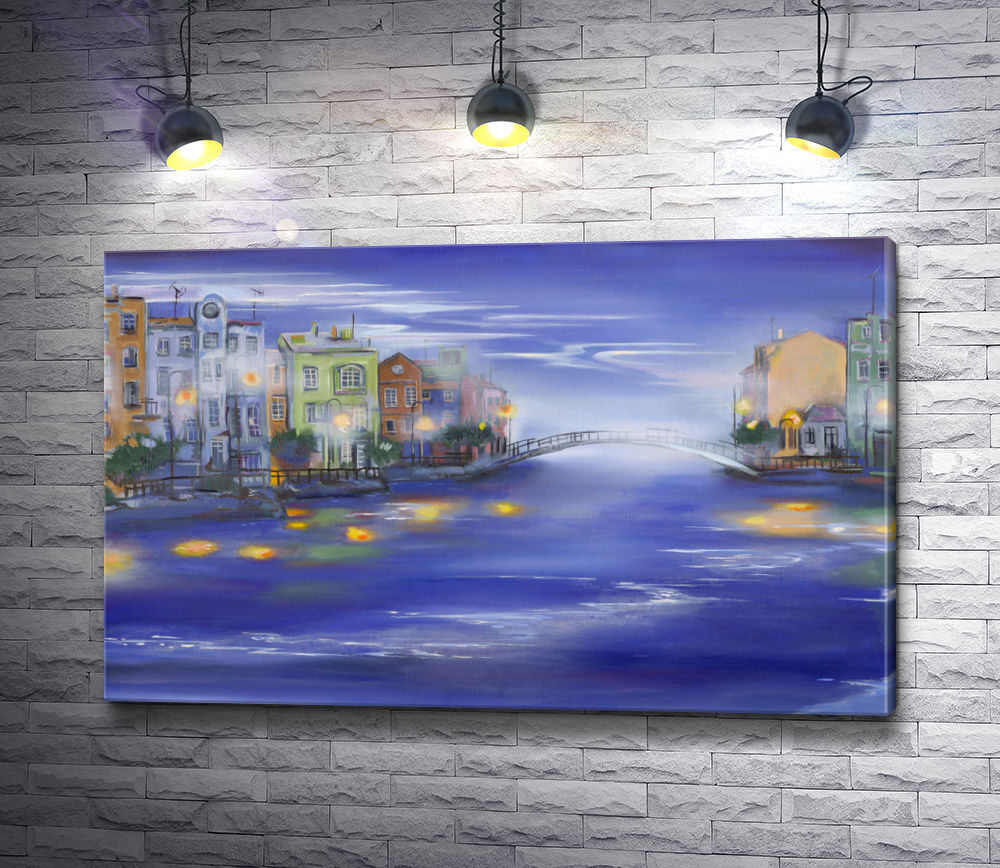 Картина "Вечерние домики у городского канала"