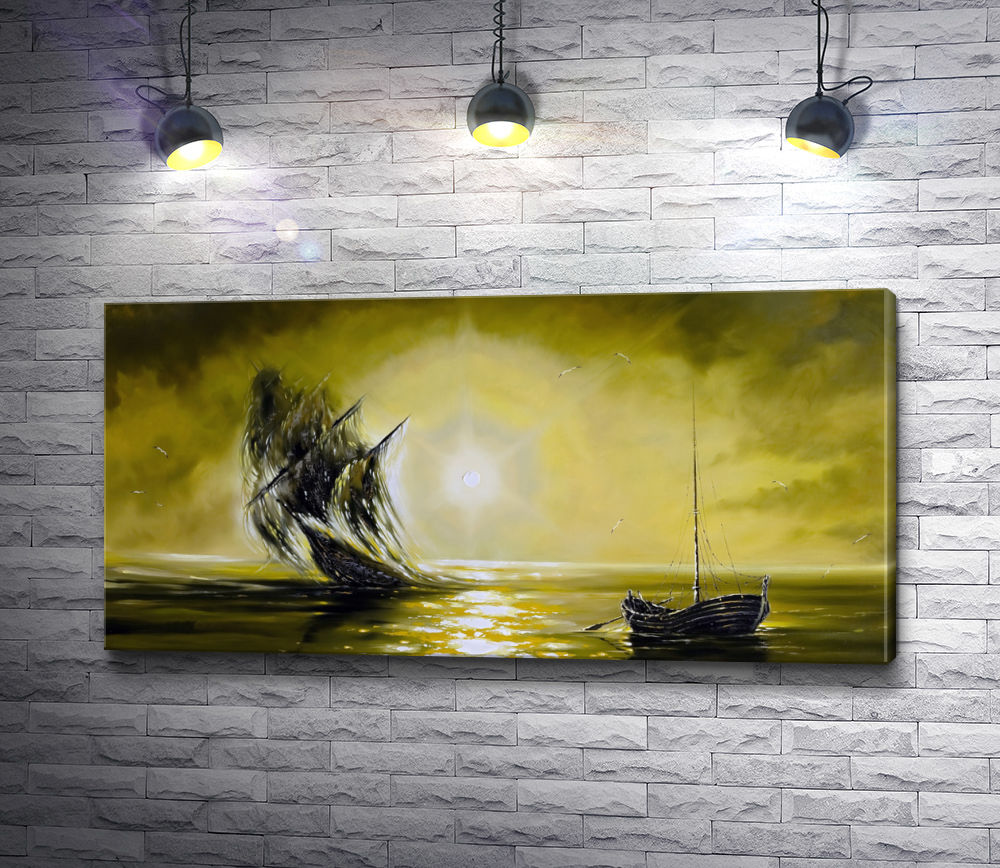 Картина "Корабль и лодка в лучах солнца "