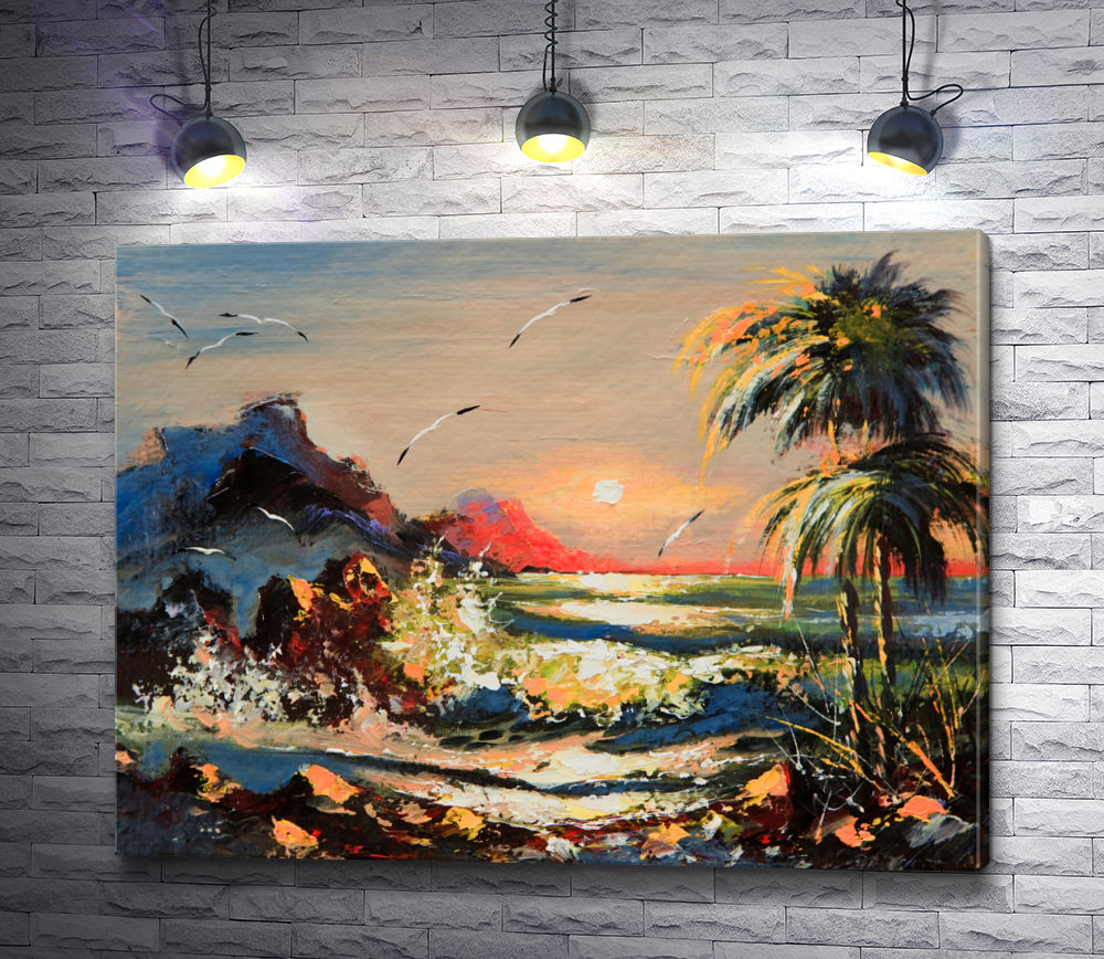 Картина "Морской пейзаж с пальмами и чайками"
