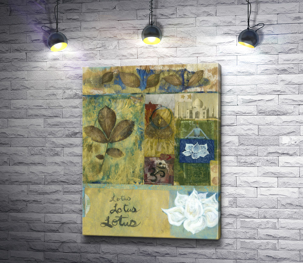Картина "Тадж-Махал, лотус и осенние листья. Коллаж"