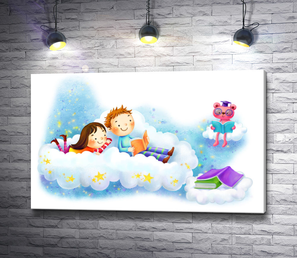 Картина "Дети и ученый мишка читают сказку на облаках"