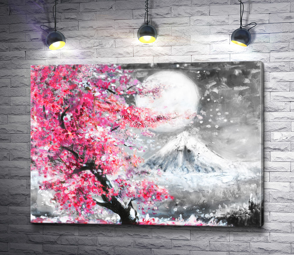 Картина "Цветущая сакура и снежная гора"
