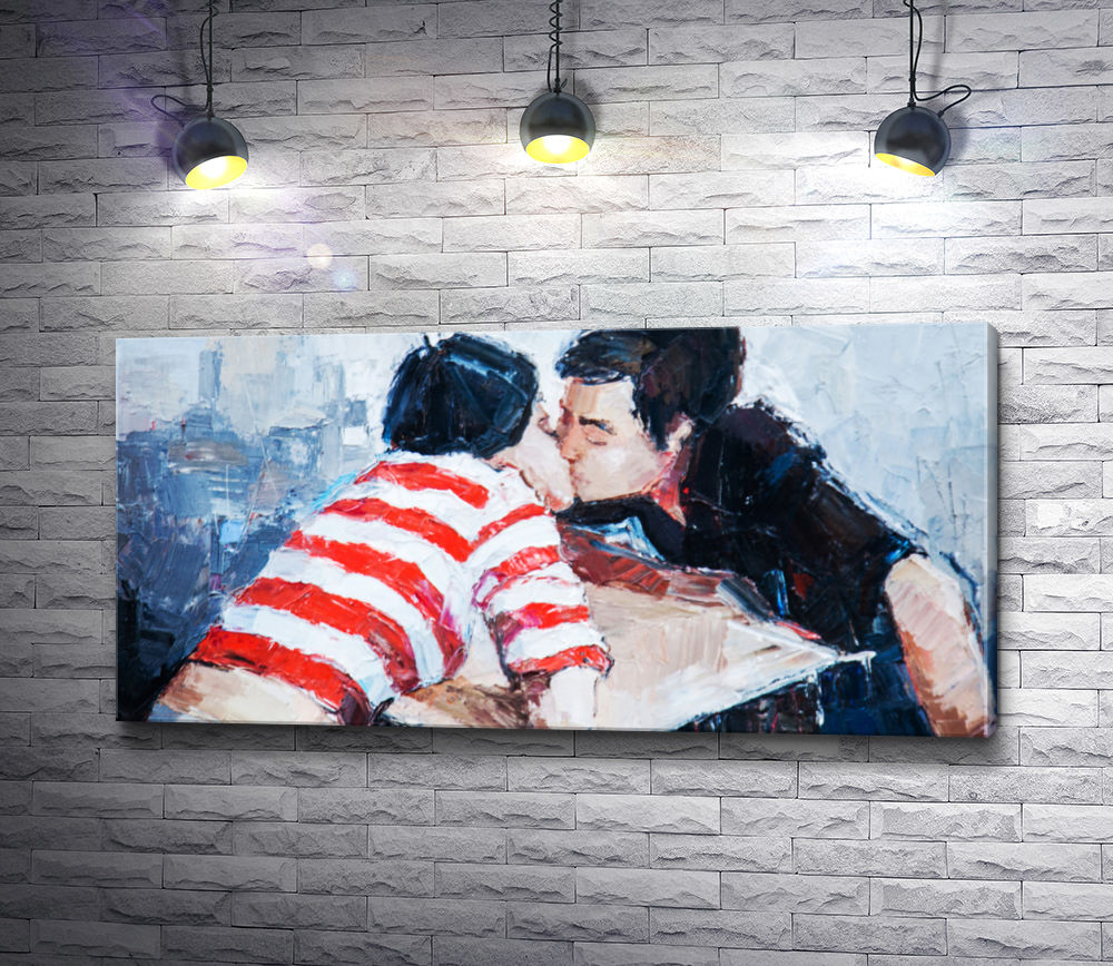 Картина "Влюбленные целуются над столом"