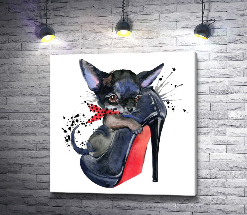 Картина "Маленький черный щенок в женской туфельке"