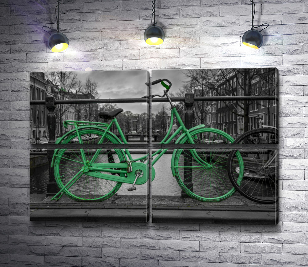 Черно зеленая картина. Черно бело салатовый велосипед. Зеленый велосипед на черном фоне. Черно белая картина с зеленым элементом. Зеленый велосипед на черно белом городе.