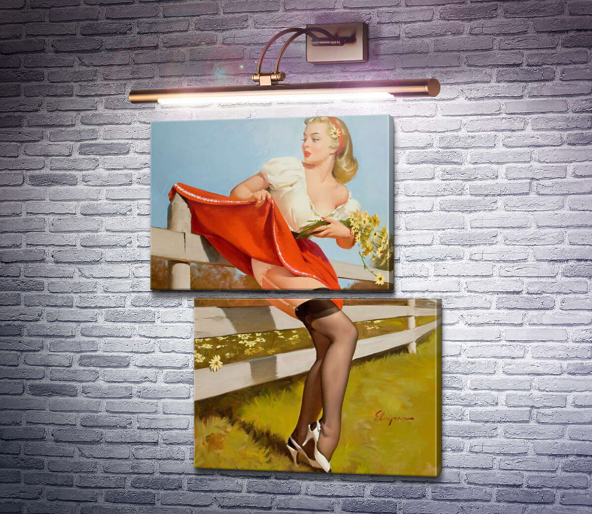 Модульная картина На заборе (Модуль №8) Джил Элвгрен (Gil Elvgren)
