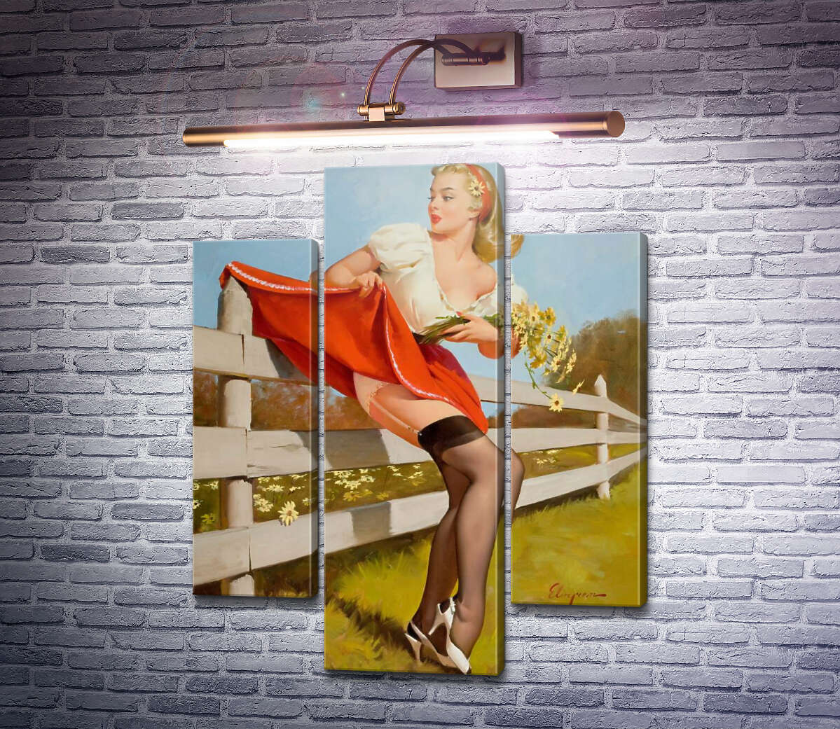 Модульная картина На заборе (Модуль №10) Джил Элвгрен (Gil Elvgren)
