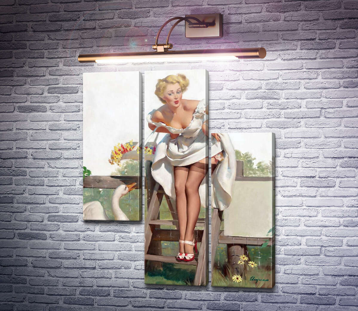 Модульная картина Девушка и гусь (Модуль №13) Джил Элвгрен (Gil Elvgren)