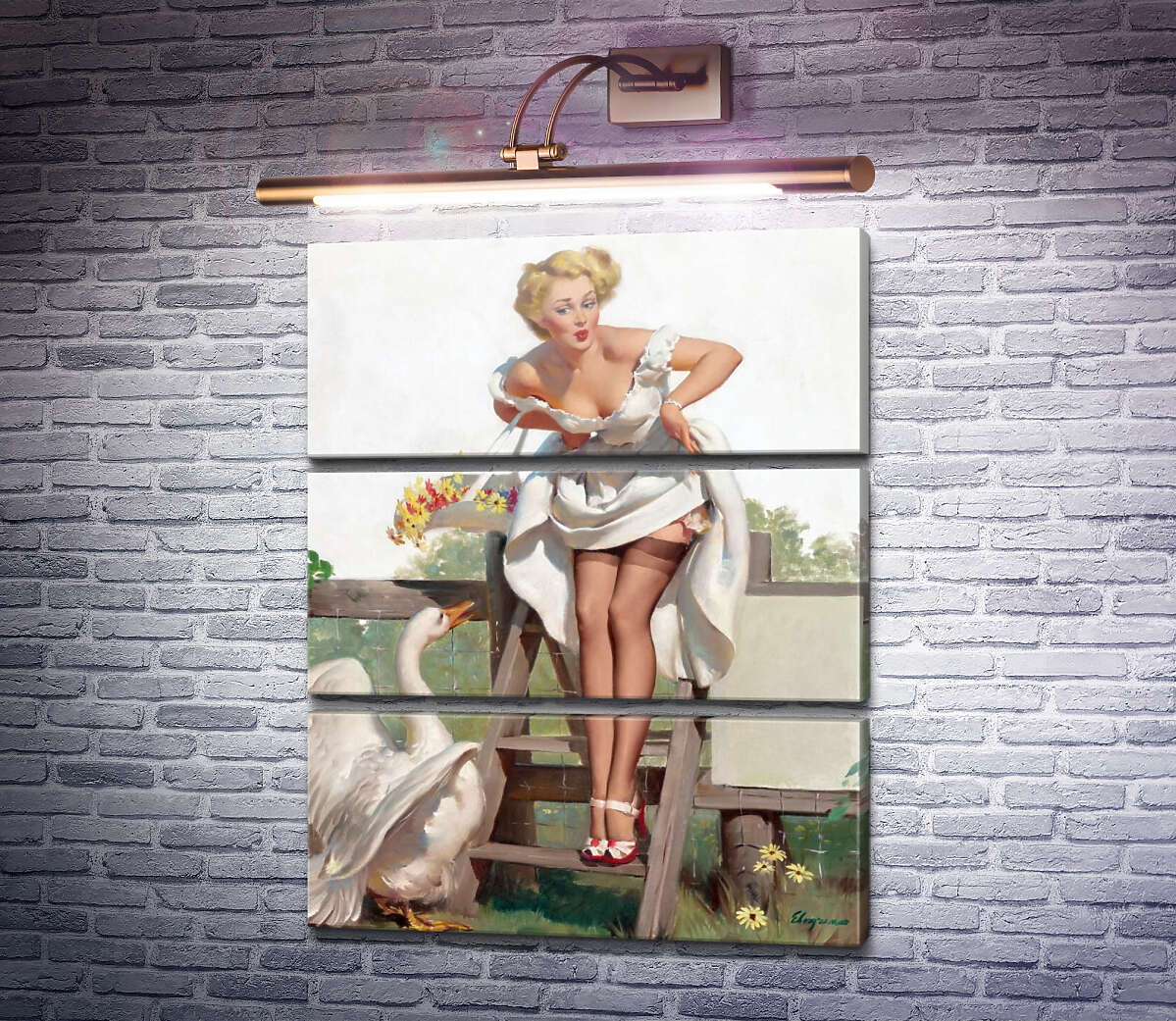 Модульная картина Девушка и гусь (Модуль №15) Джил Элвгрен (Gil Elvgren)