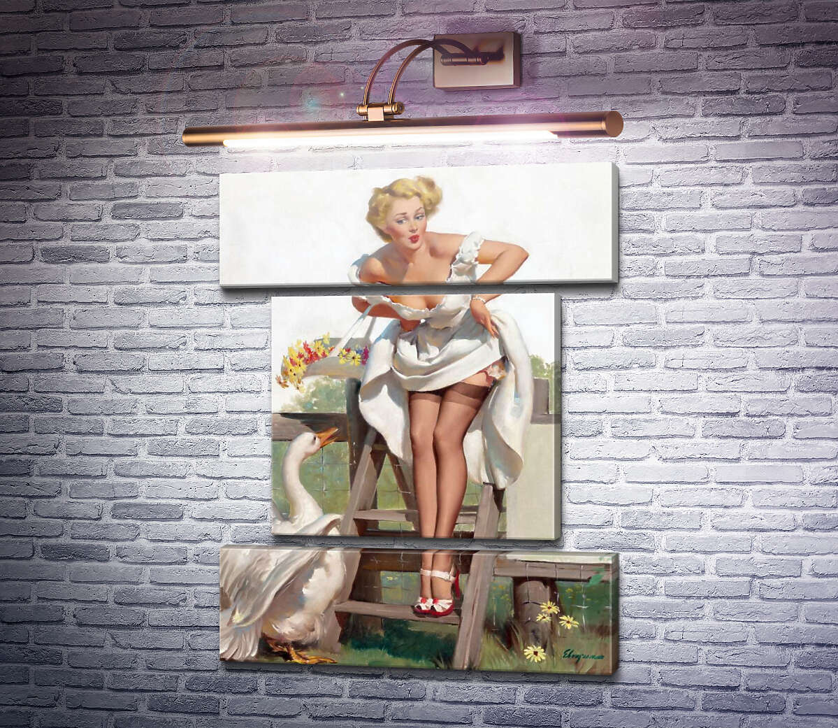 Модульная картина Девушка и гусь (Модуль №18) Джил Элвгрен (Gil Elvgren)