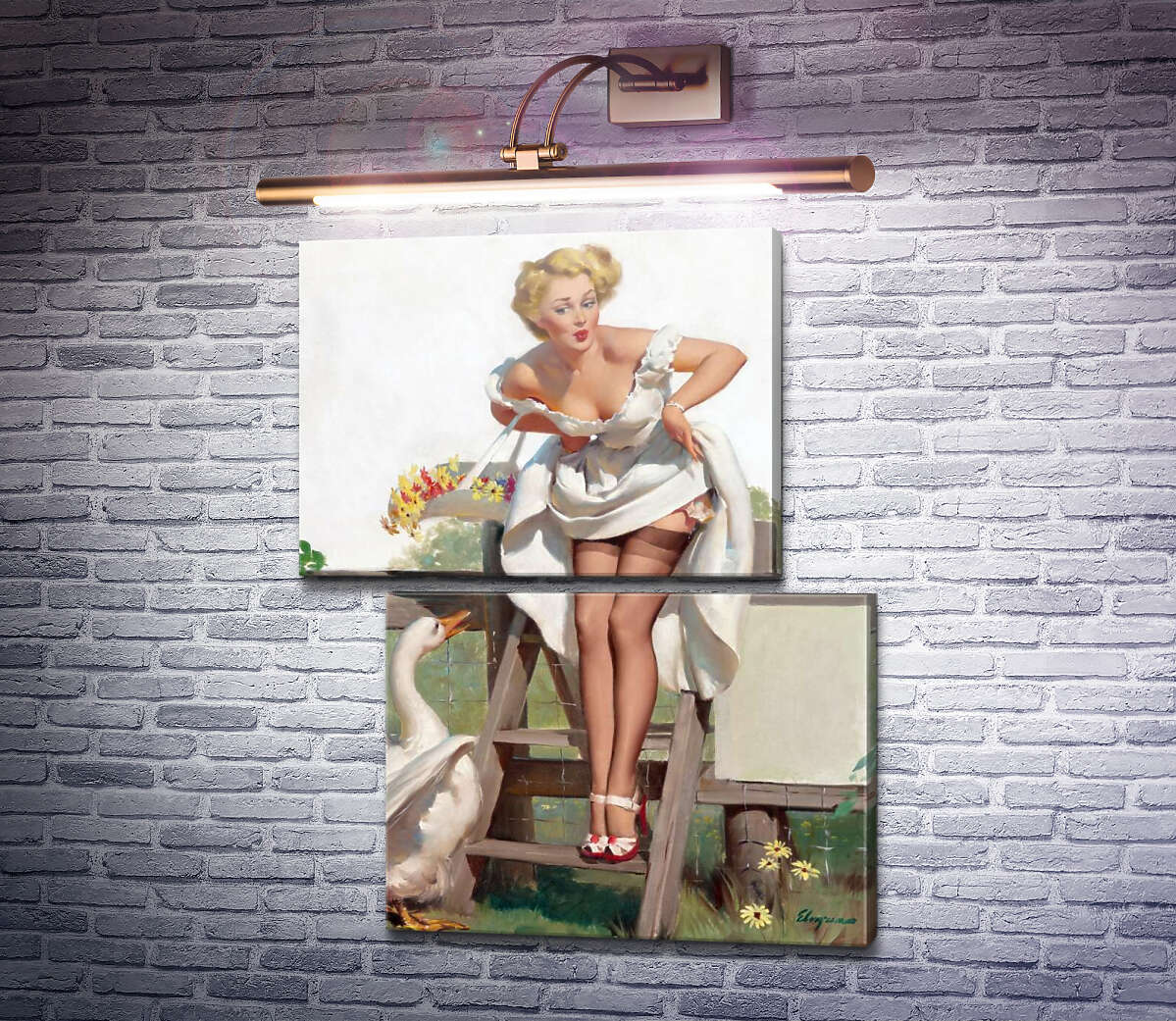 Модульная картина Девушка и гусь (Модуль №8) Джил Элвгрен (Gil Elvgren)