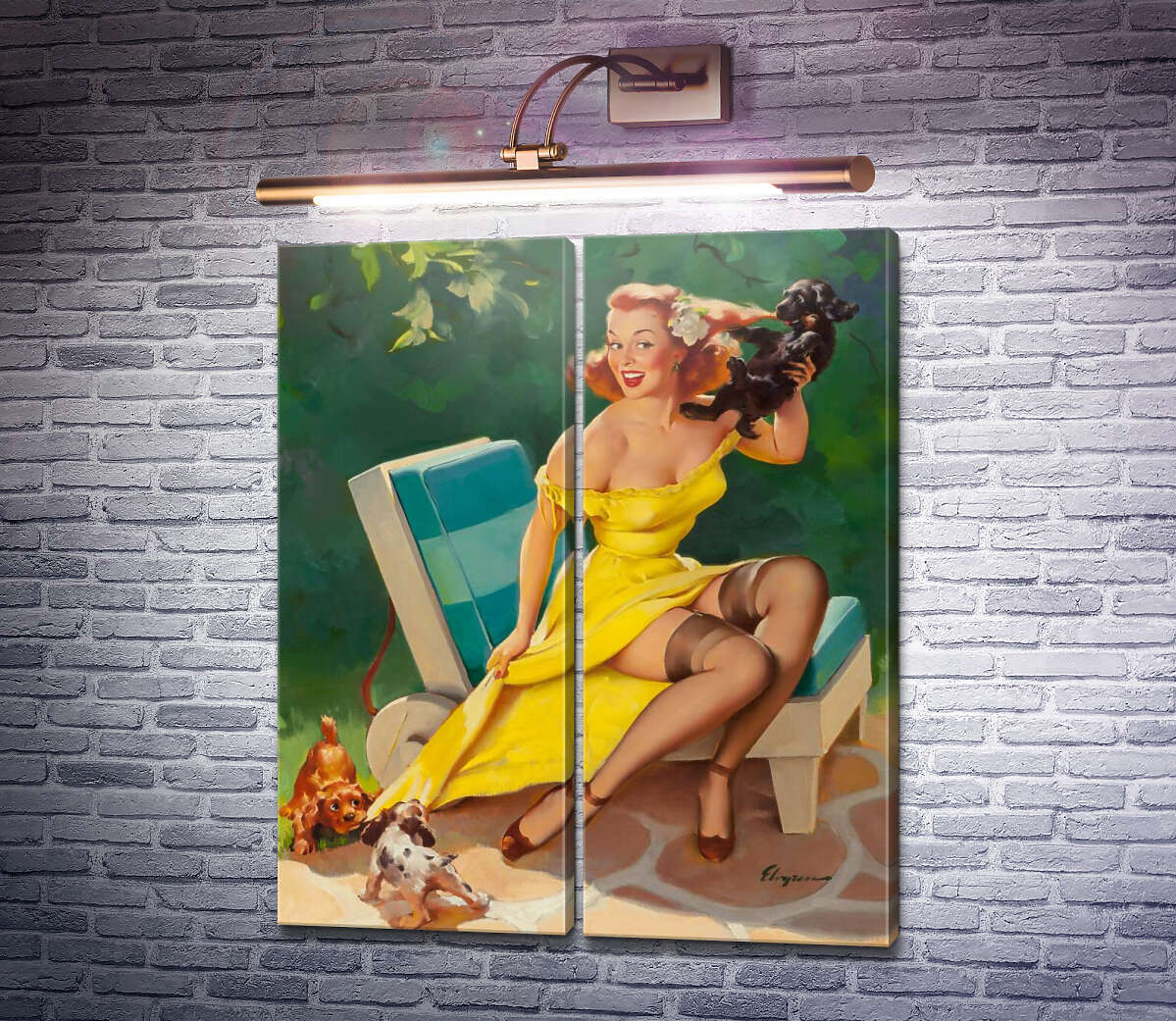 Модульная картина Игра с щенками (Модуль №6) Джил Элвгрен (Gil Elvgren)