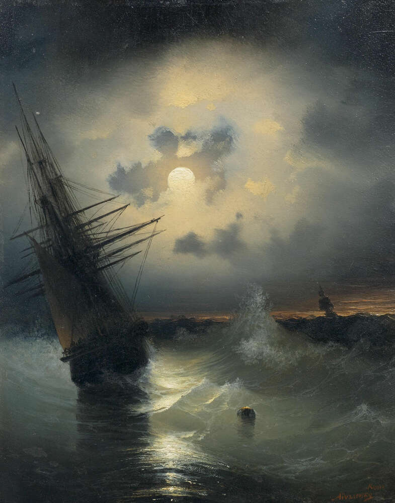 репродукция картина-постер  Парусный корабль на закате в бушующем море Иван Айвазовский