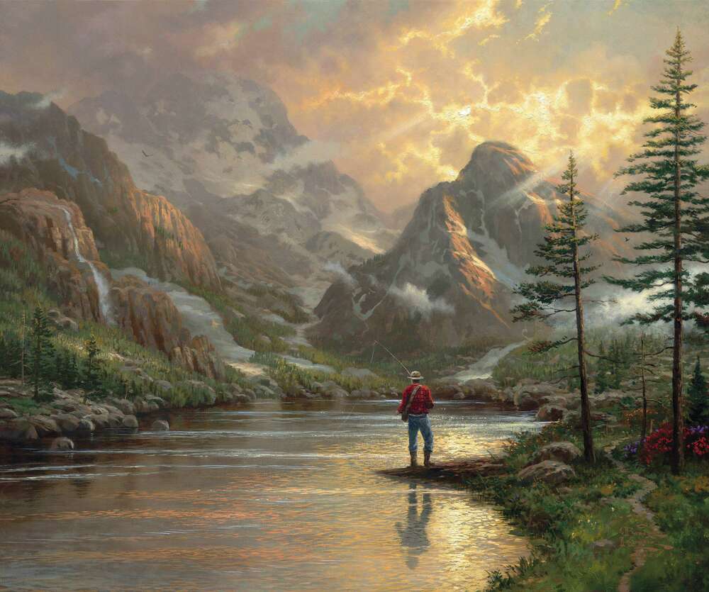 репродукція картина-постер  Пейзаж з рибалкою на гірській річці Томас Кінкейд
