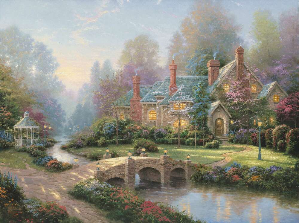 репродукция картина-постер  Пейзаж с особняком и мостиком через ручей Томас Кинкейд