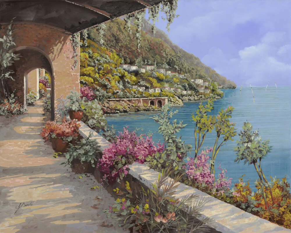 репродукція картина-постер  Тераса з квітами на березі моря Гвідо Бореллі