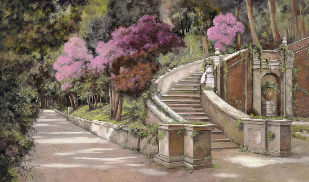 репродукція картина-постер  Рожеві кущі і сходи в парку Гвідо Бореллі