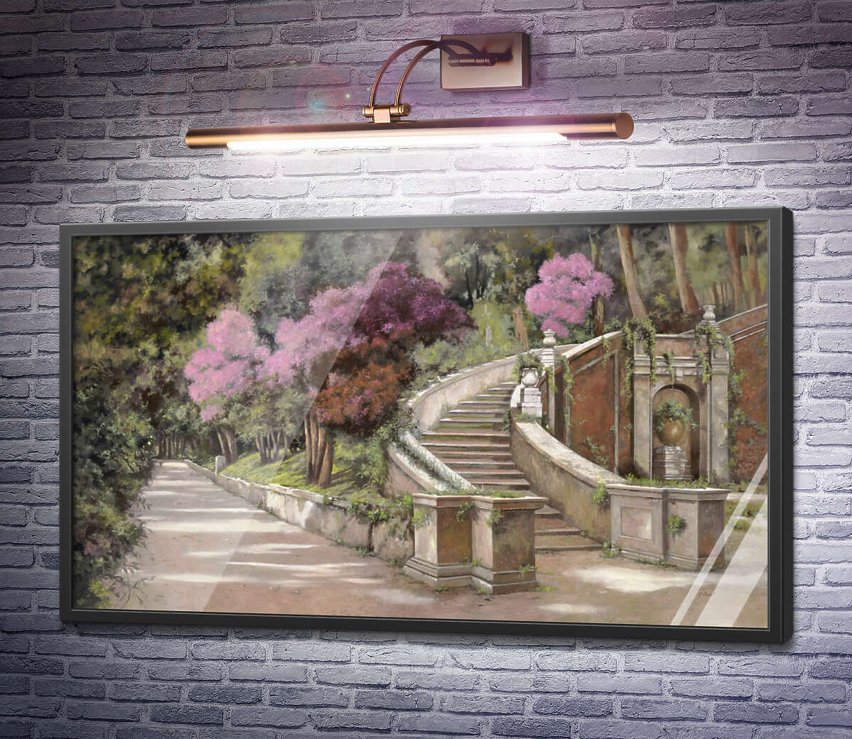 Постер Рожеві кущі і сходи в парку Гвідо Бореллі