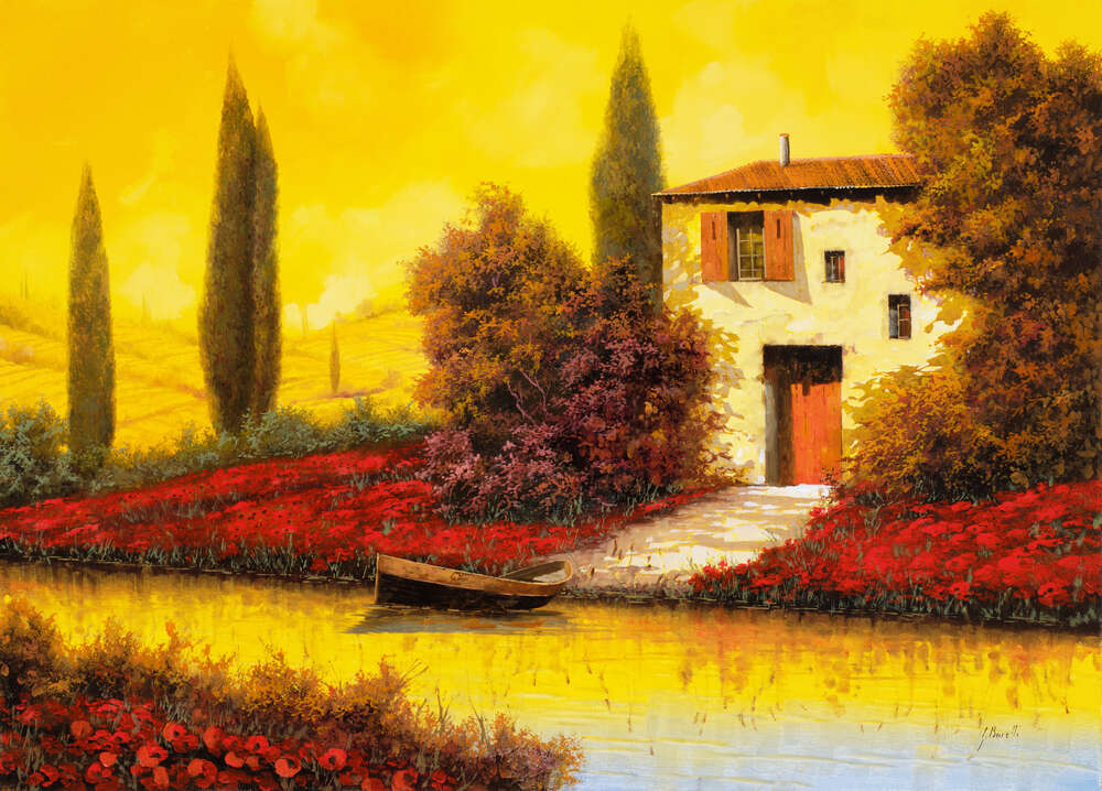 репродукция картина-постер  Пейзаж с маками вдоль реки Гвидо Борелли