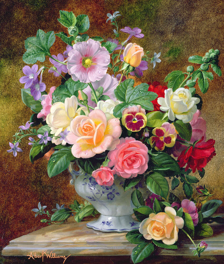репродукция картина-постер  Розы, анютины глазки и другие цветы в вазе Альберт Уильямс