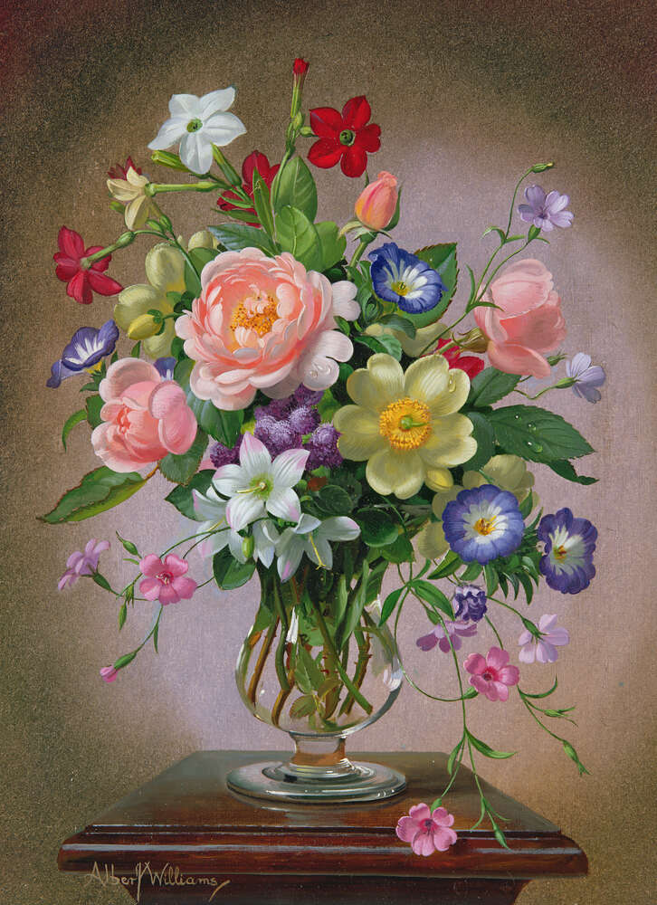 репродукция картина-постер  Розы, пионы и фрезии в стеклянной вазе Альберт Уильямс