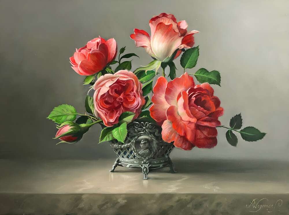 репродукция картина-постер  Красные розы в старинной вазе Питер Вагеманс