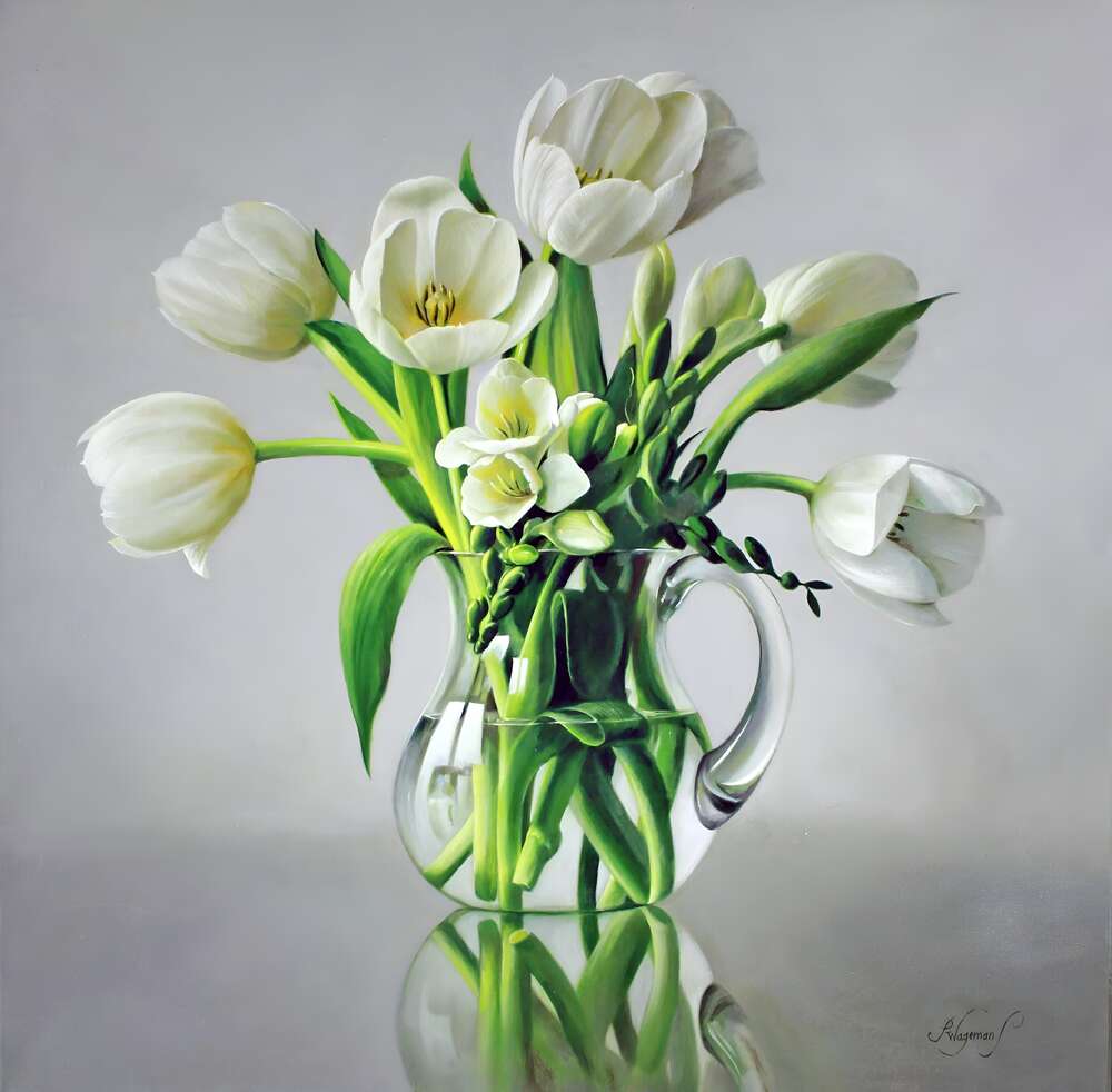 репродукція картина-постер  Білі тюльпани в вазі Пітер Вагеманс