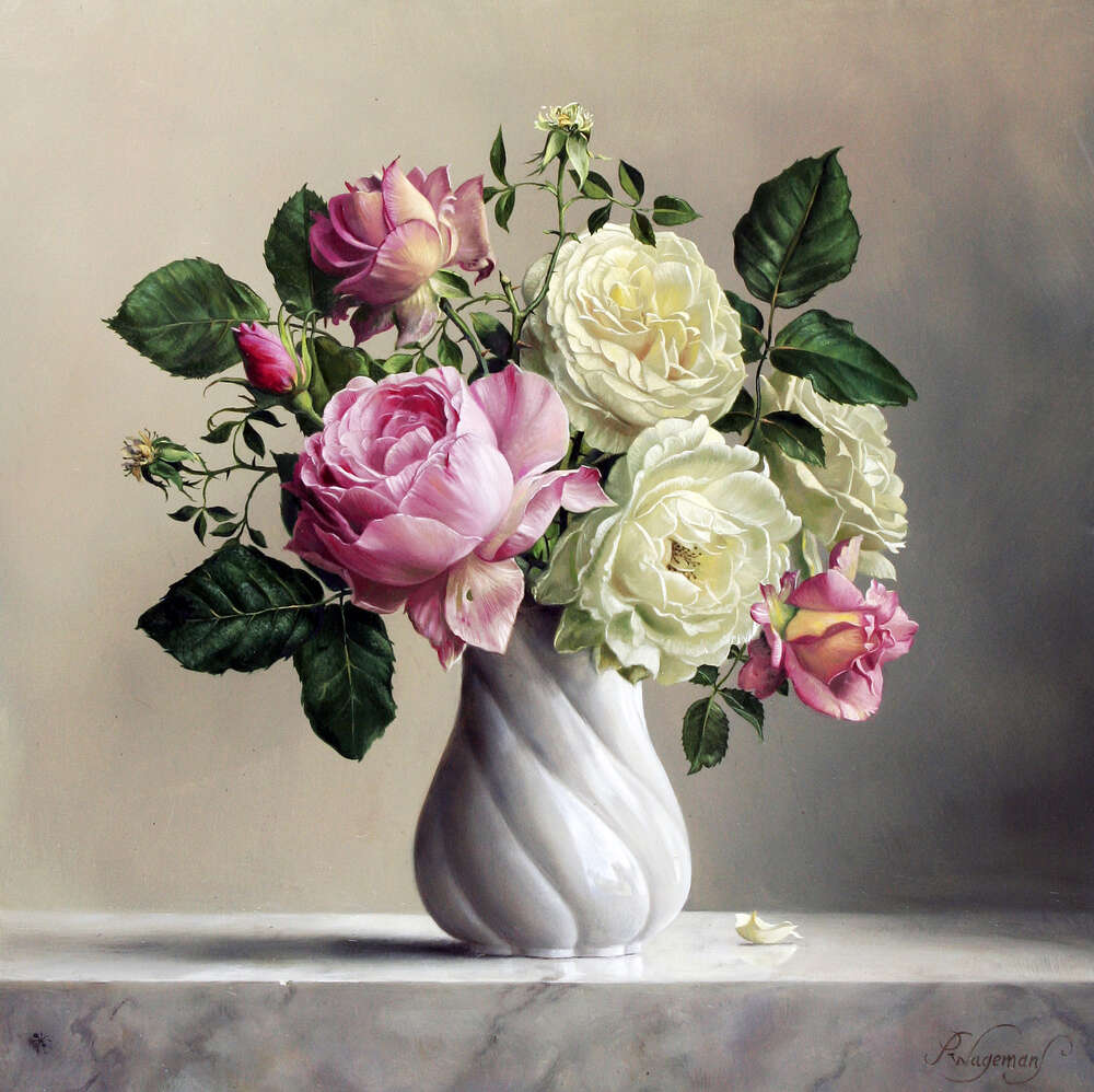 репродукция картина-постер  Розово-белые розы в винтажной вазе Питер Вагеманс