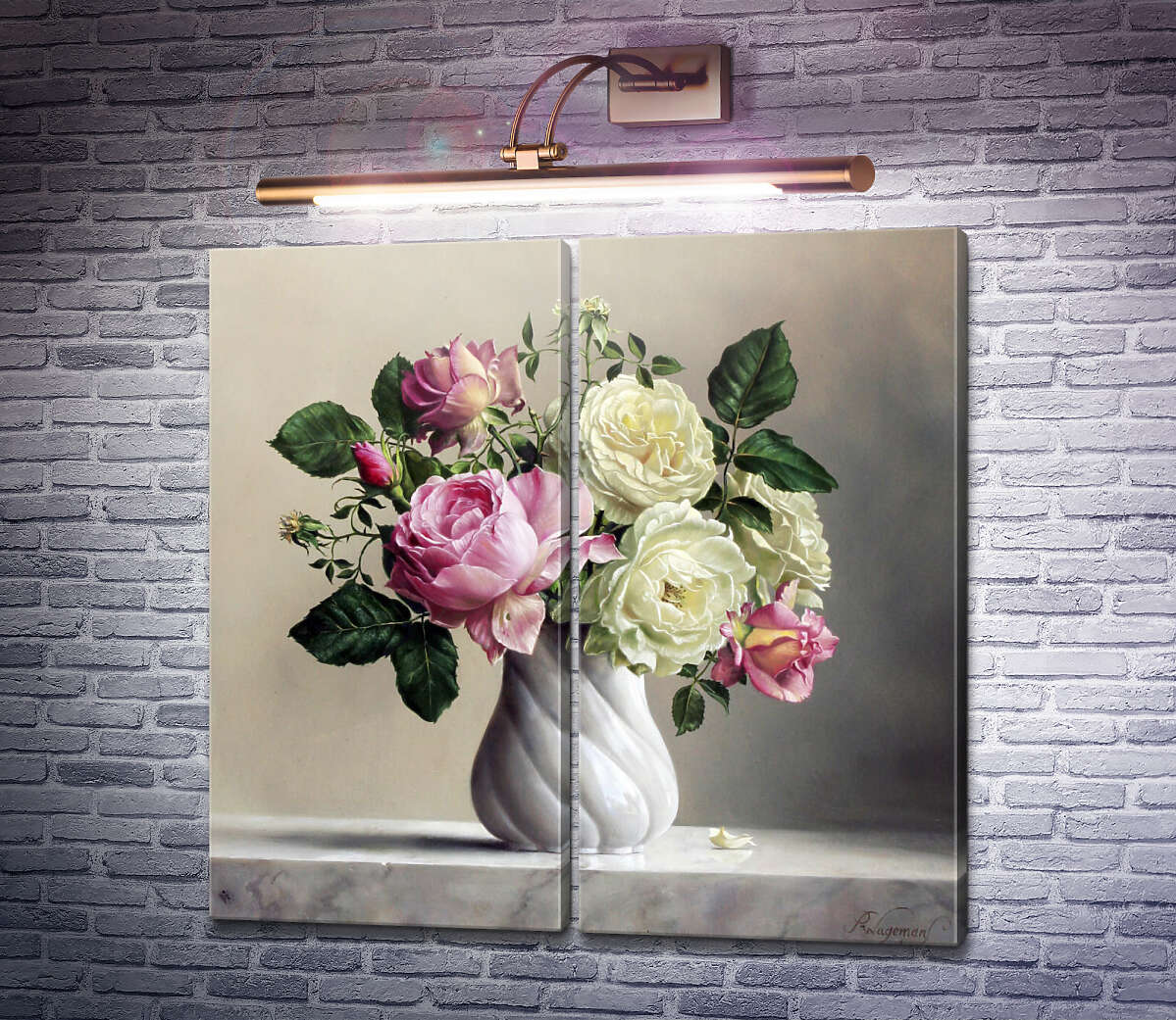 Модульна картина Рожево-білі троянди в вінтажній вазі Пітер Вагеманс