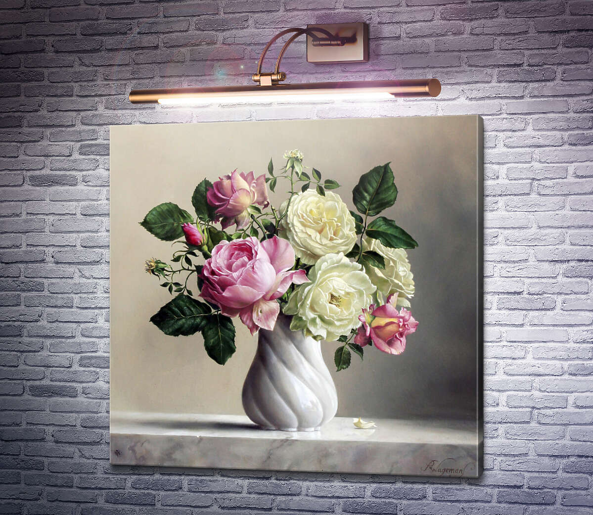 Картина Рожево-білі троянди в вінтажній вазі Пітер Вагеманс