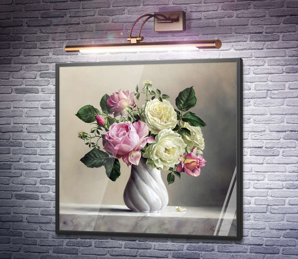 Постер Рожево-білі троянди в вінтажній вазі Пітер Вагеманс