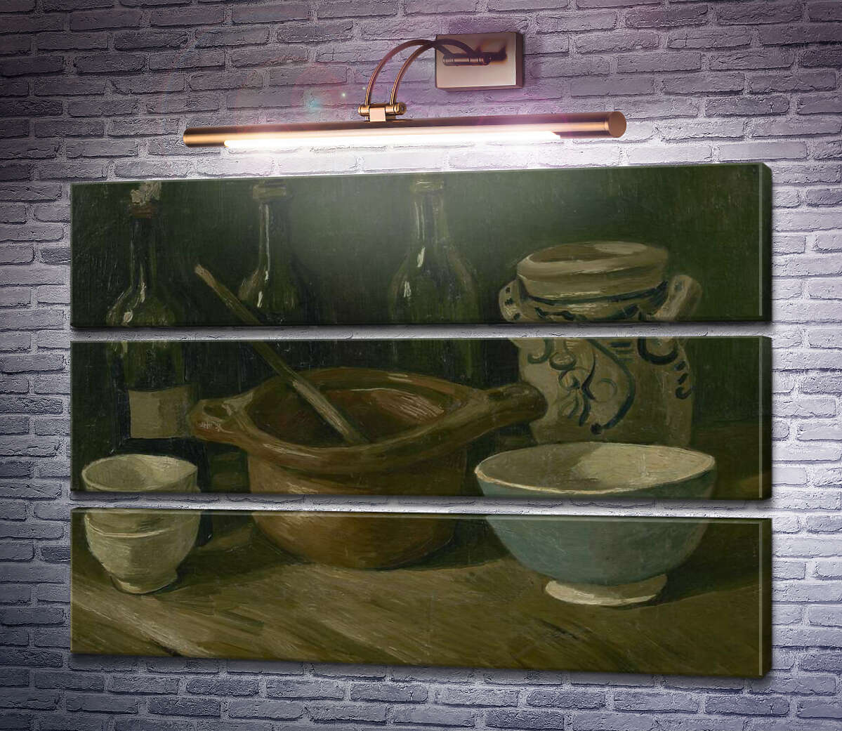 Модульна картина Натюрморт з трьома пляшками і глиняним посудом (Still Life with Three Bottles and Earthenware), 1884-85 (Модуль №15) Вінсент Ван Гог Модульна картина Натюрморт з трьома пляшками і глиняним посудом (Still Life with Three Bottles and Earthenware), 1884-85 (Модуль №15) Вінсент Ван Гог