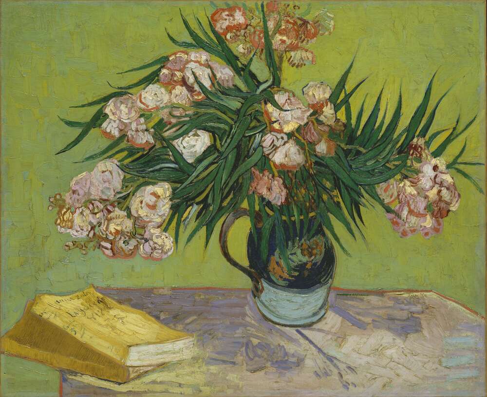 репродукція картина-постер  Натюрморт: ваза з олеандрами і книгами (Majolica Jar with Branches of Oleander), 1888 Вінсент Ван Гог