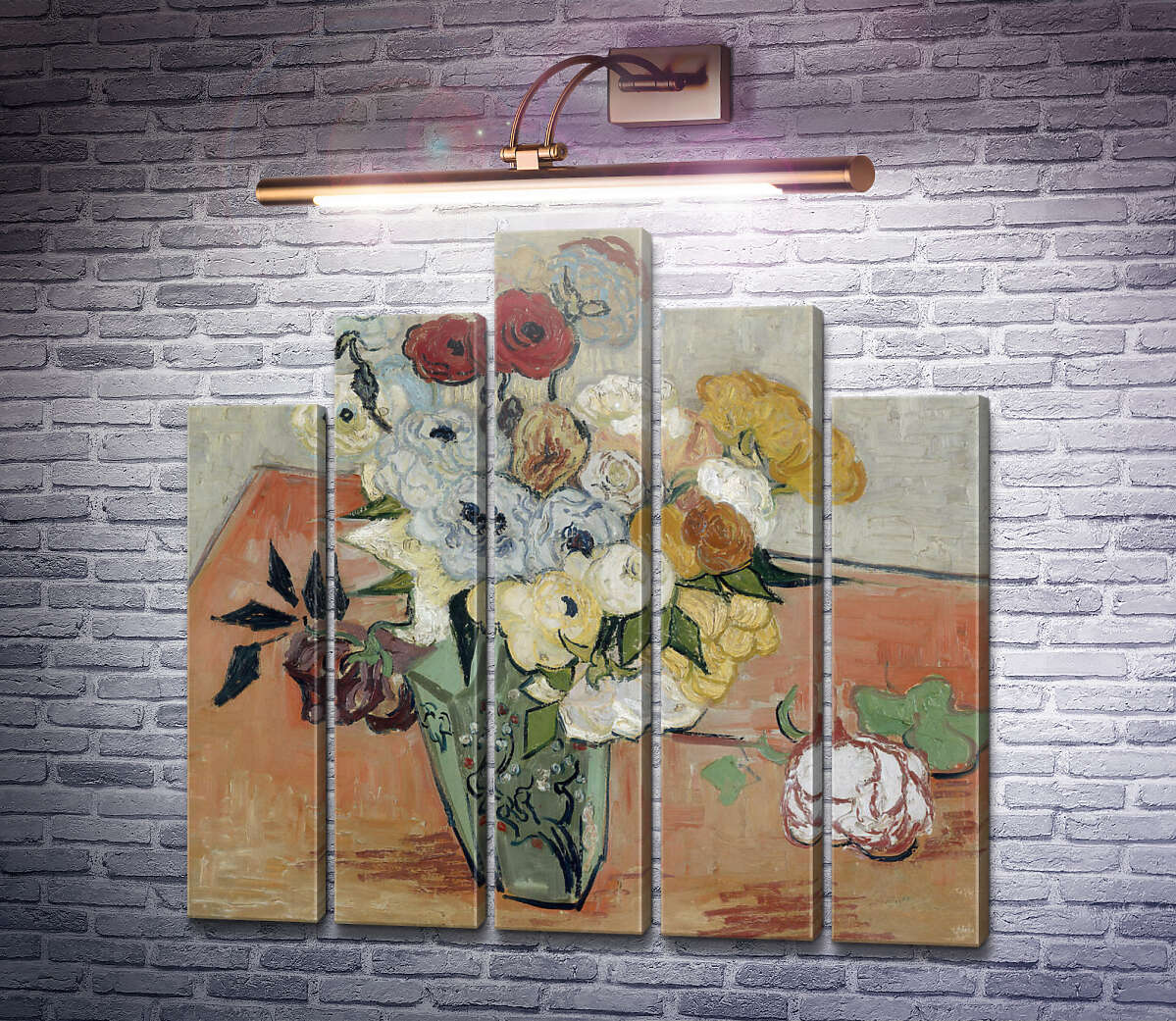 Модульная картина Натюрморт: японская ваза с розами и анемонами (Still Life - Japanese Vase with Roses and Anemones), 1890 (Модуль №29) Винсент Ван Гог