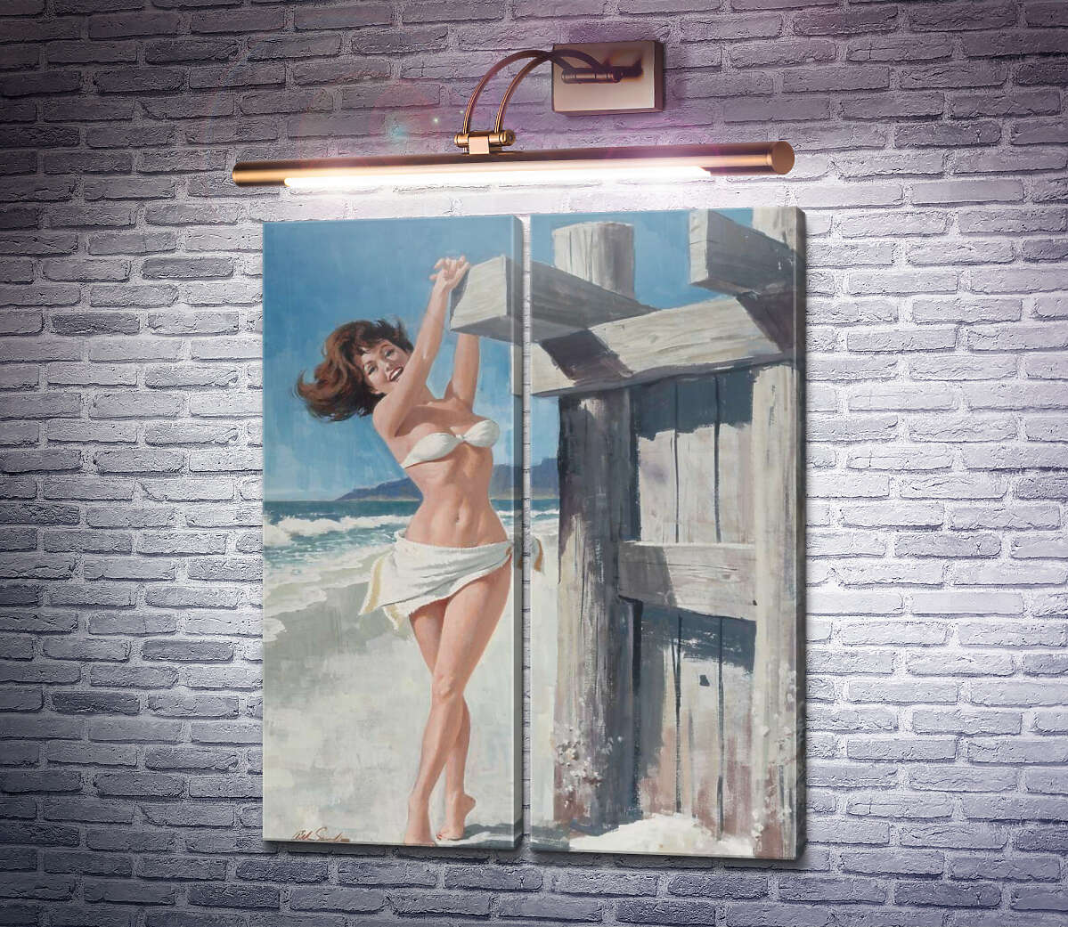 Модульная картина Брюнетка в белом бикини на пляже Артур Сарнофф