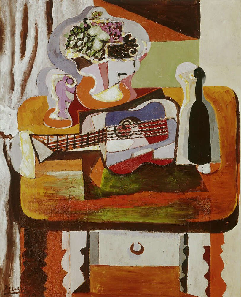 репродукція картина-постер  Натюрморт з гітарою, пляшкою і вазою з квітами Пабло Пікассо