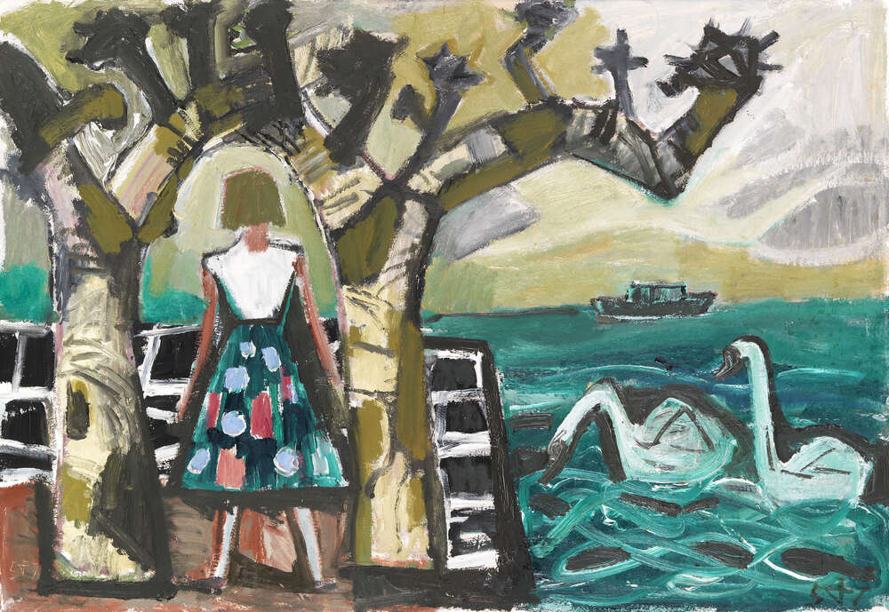репродукція картина-постер  Пейзаж з жінкою і двома лебедями Дікс Отто