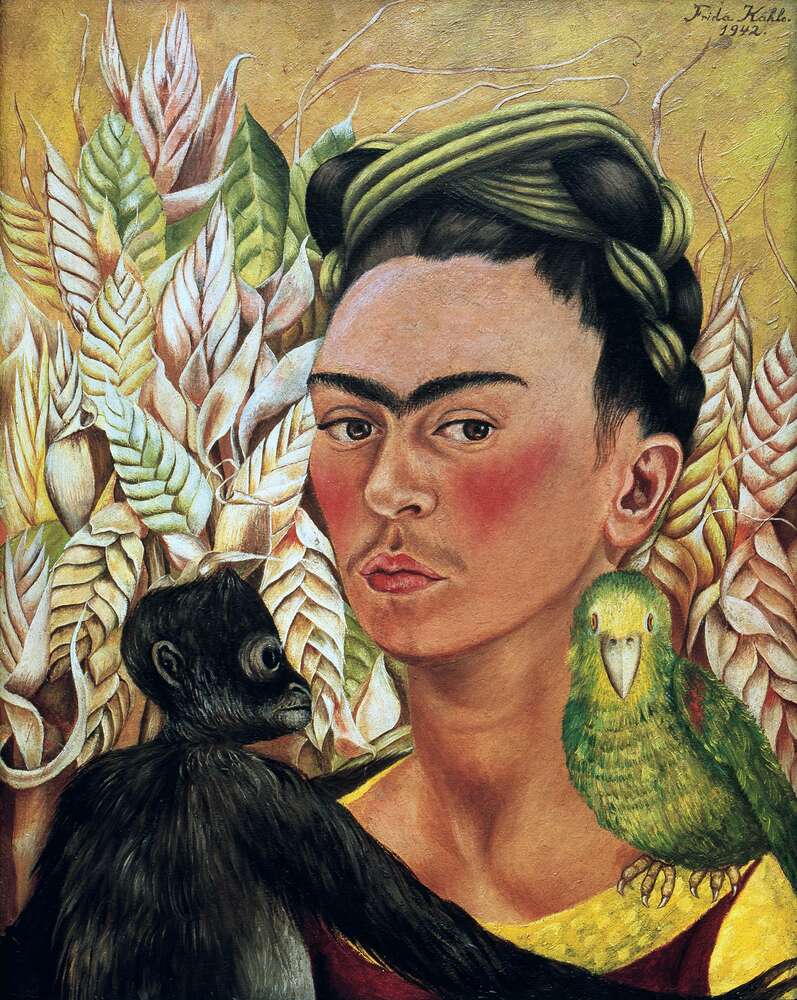 репродукція картина-постер  Автопортрет з мавпочкою і папугою Фріда Кало