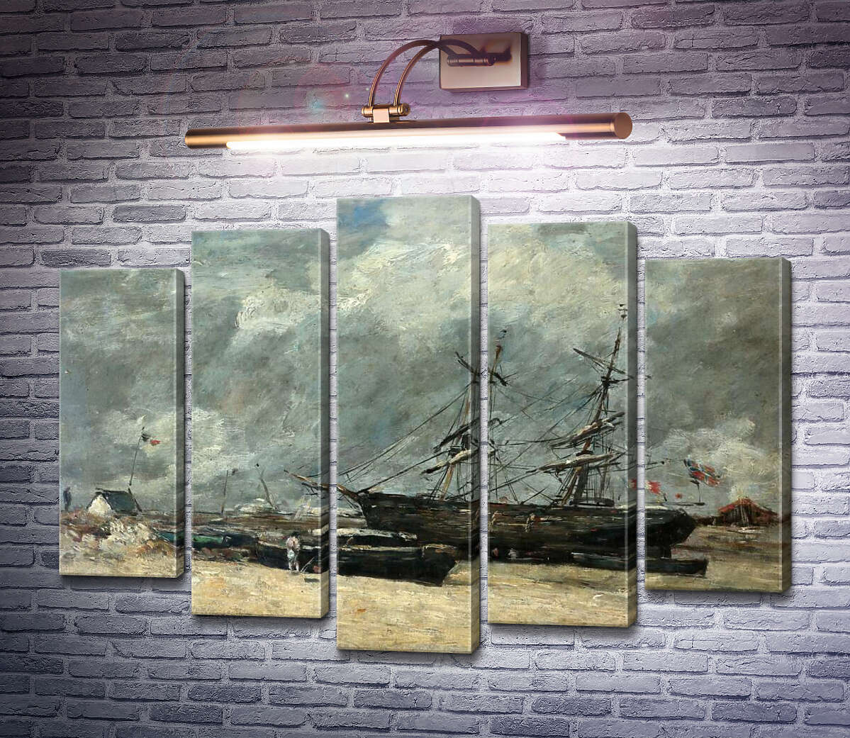 Модульная картина Рыбачьи лодки на морском берегу (Трувиль. Отлив.) (Модуль №4) Эжен Буден