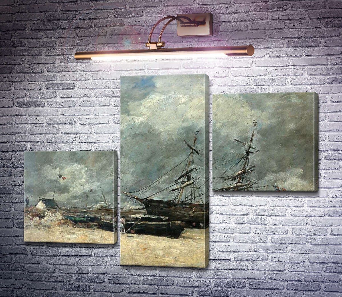 Модульная картина Рыбачьи лодки на морском берегу (Трувиль. Отлив.) (Модуль №12) Эжен Буден